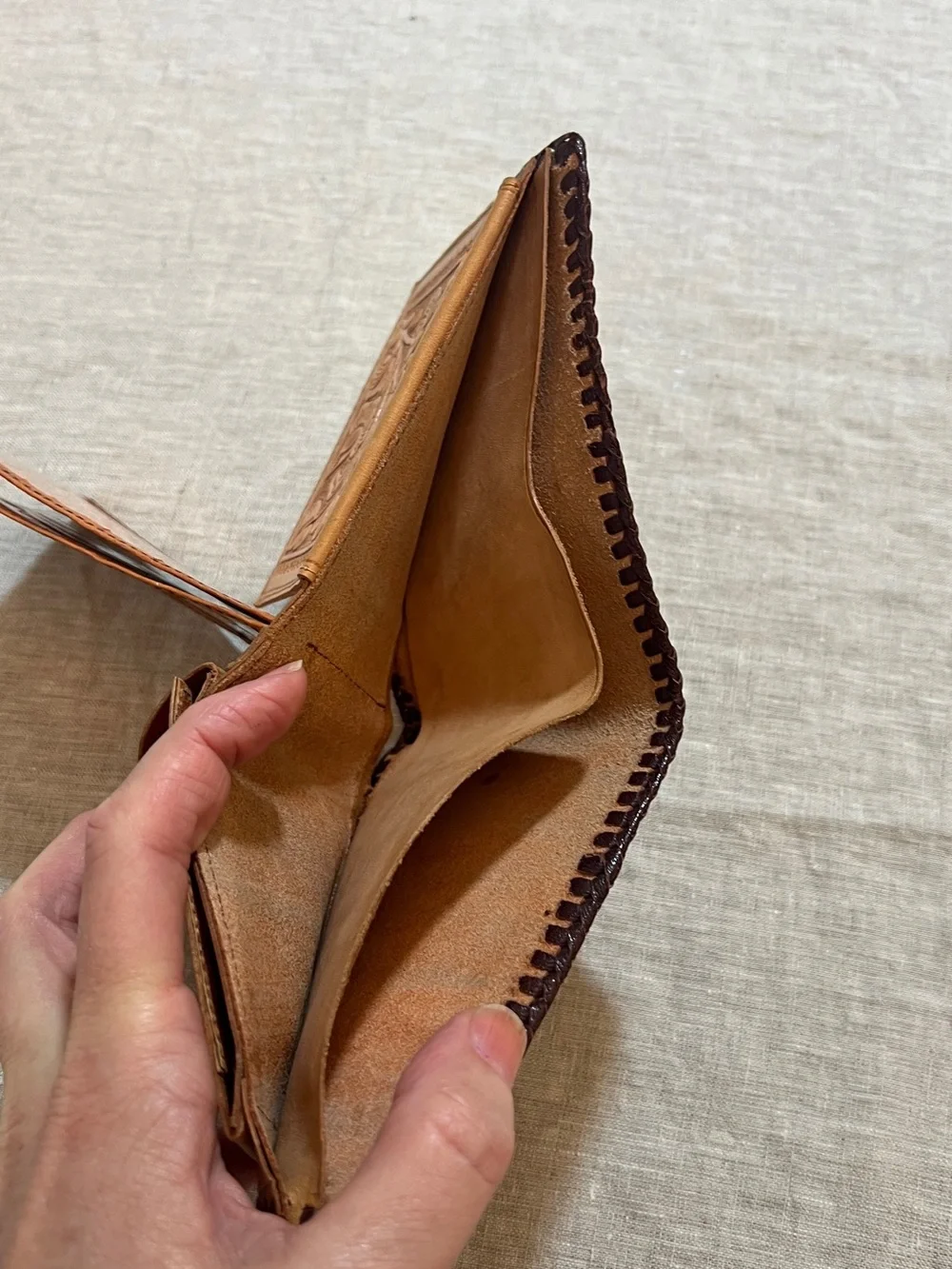 Hand-Tooled Leather Bifold Wallet - Tan with Dark Brown Trim